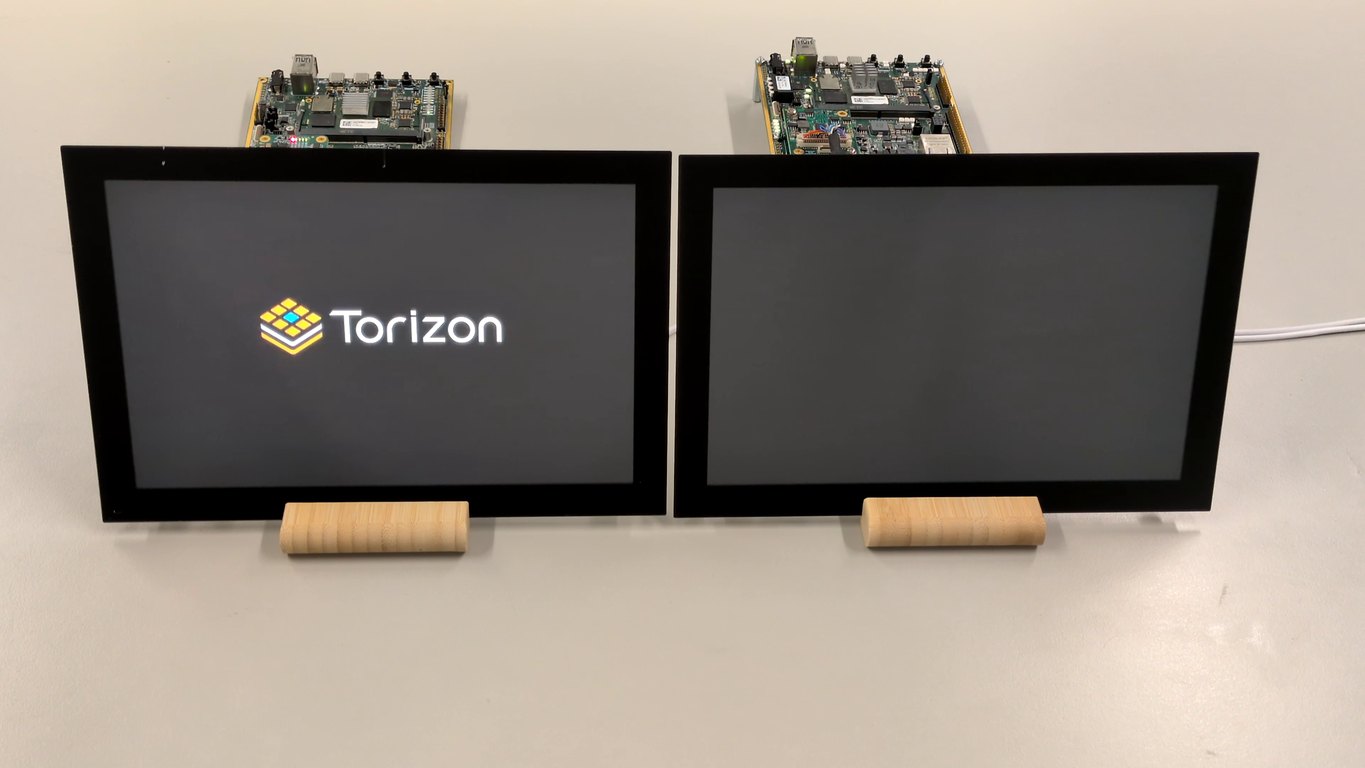 Two Toradex systems during early boot: GraphLab Boot already displays controlled output while standard Torizon remains black