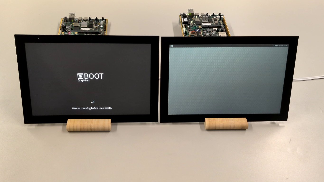 GraphLab Boot retains its startup screen while the standard Linux system exposes an intermediate compositor state