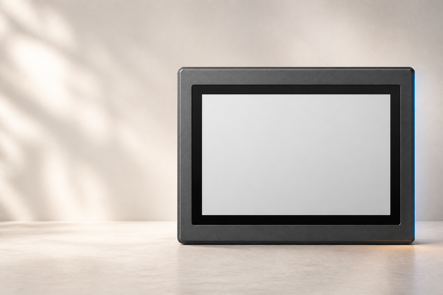 Premium industrial HMI display in a bright studio