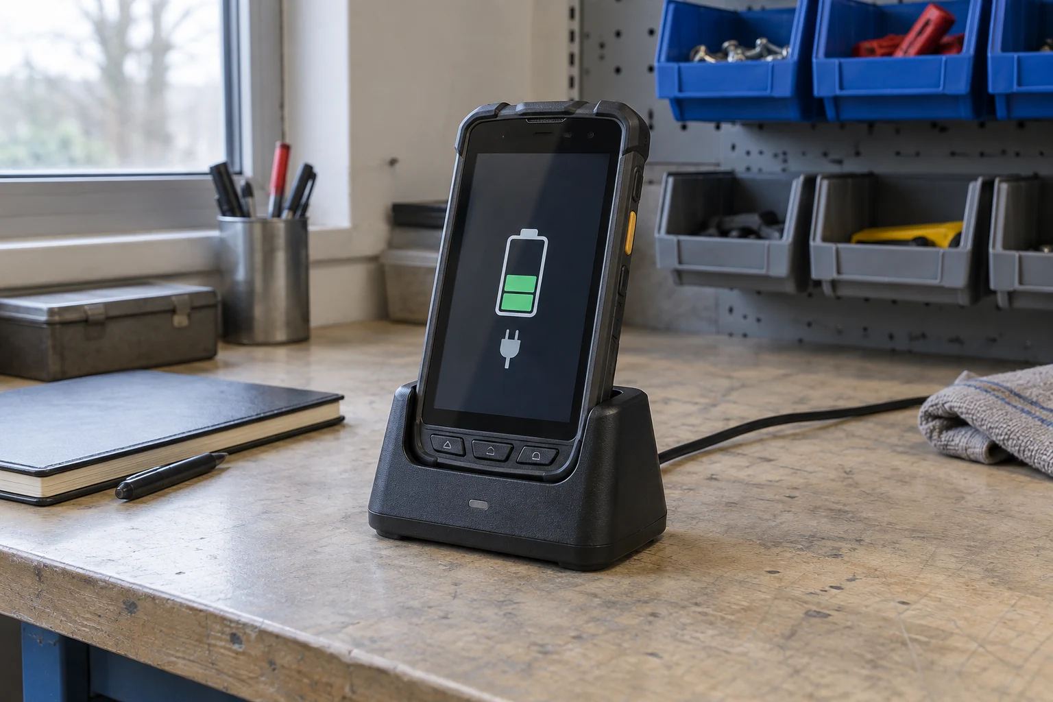 Rugged handheld terminal seated in a charging cradle on a maintenance desk, showing a battery icon and plug symbol.
