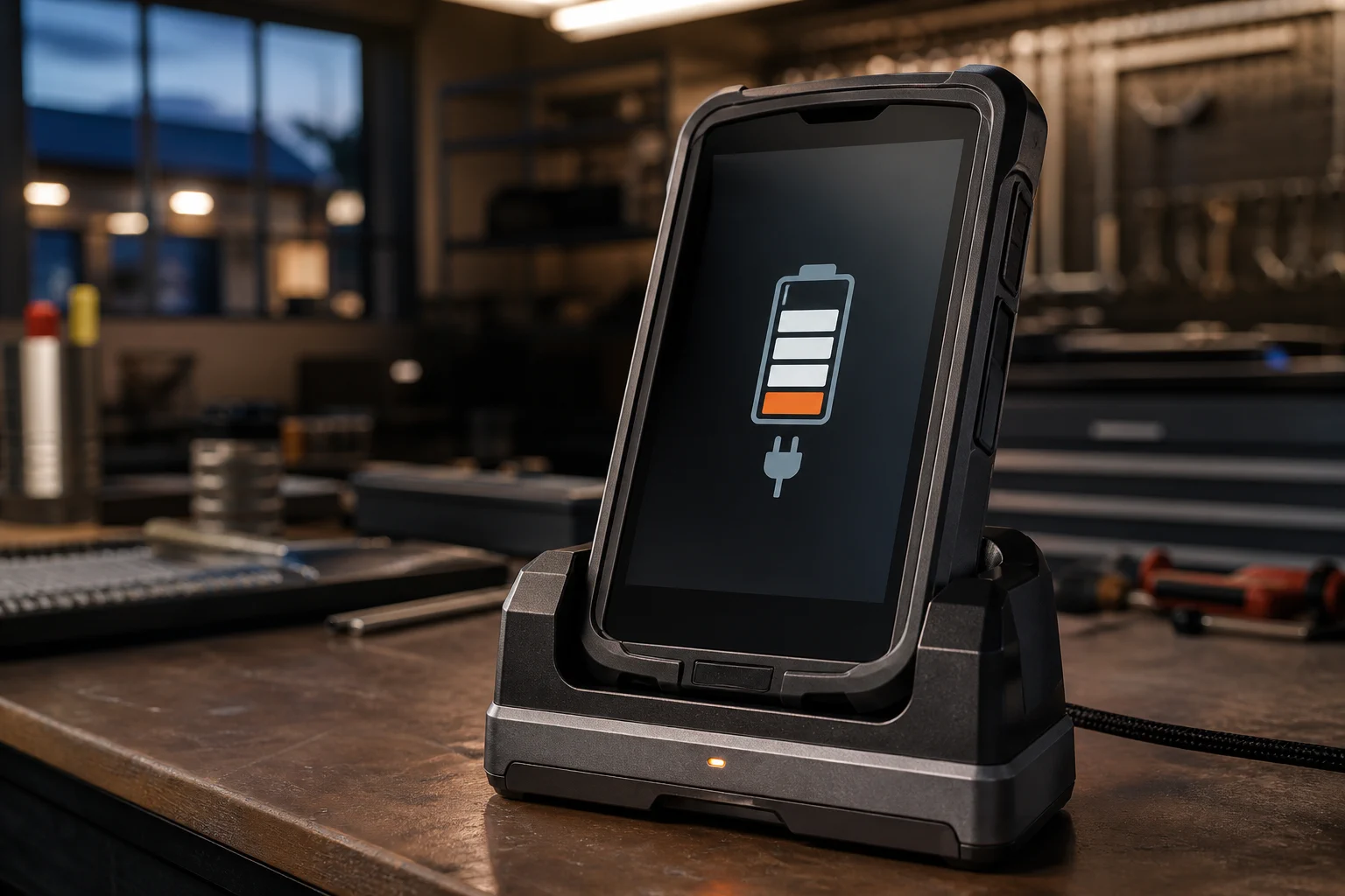 Rugged mobile HMI in a charging dock showing an immediate battery status screen while its main application remains asleep.