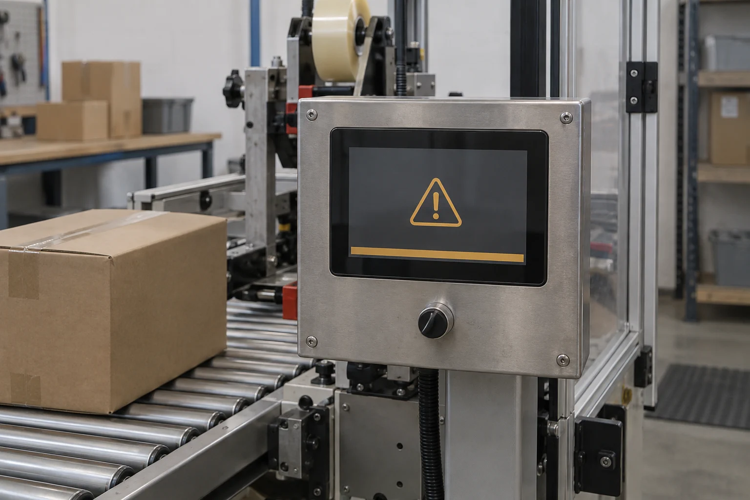 Control panel on a packaging machine displaying an amber warning triangle instead of the normal application interface.