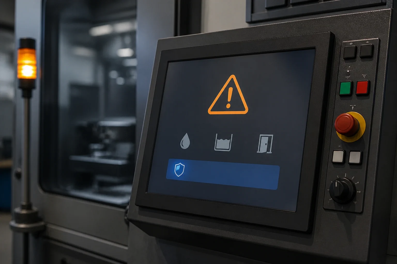 Industrial machine HMI showing a defined amber fallback state beside an illuminated amber stack light.
