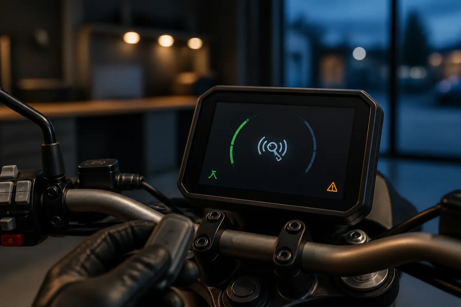Electric motorcycle cockpit with its instrument cluster showing an immediate keyless and warning state at blue hour.