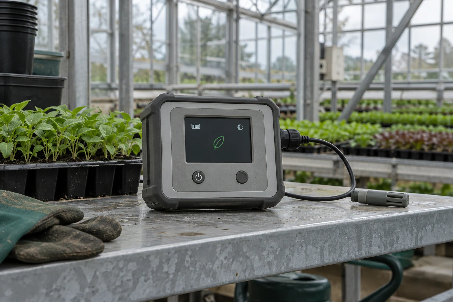 Portable irrigation controller on a greenhouse shelf showing a minimal standby screen with a leaf icon and battery segments.