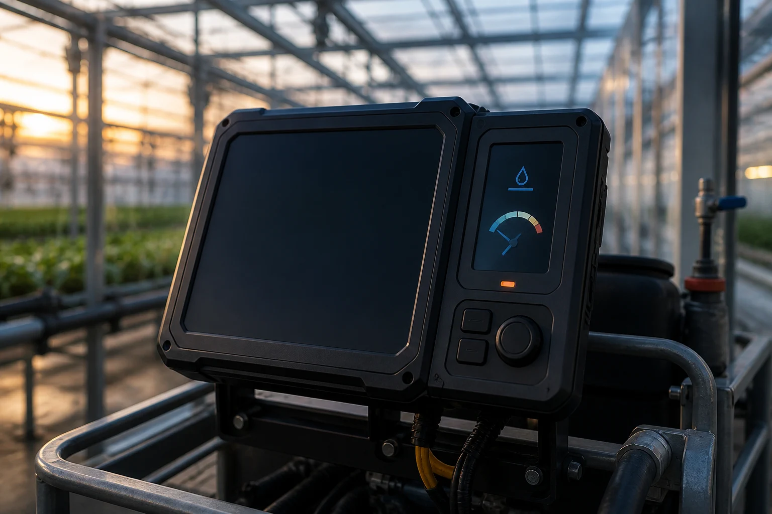 Battery-powered greenhouse controller with its main display asleep and a smaller essential status screen still active.