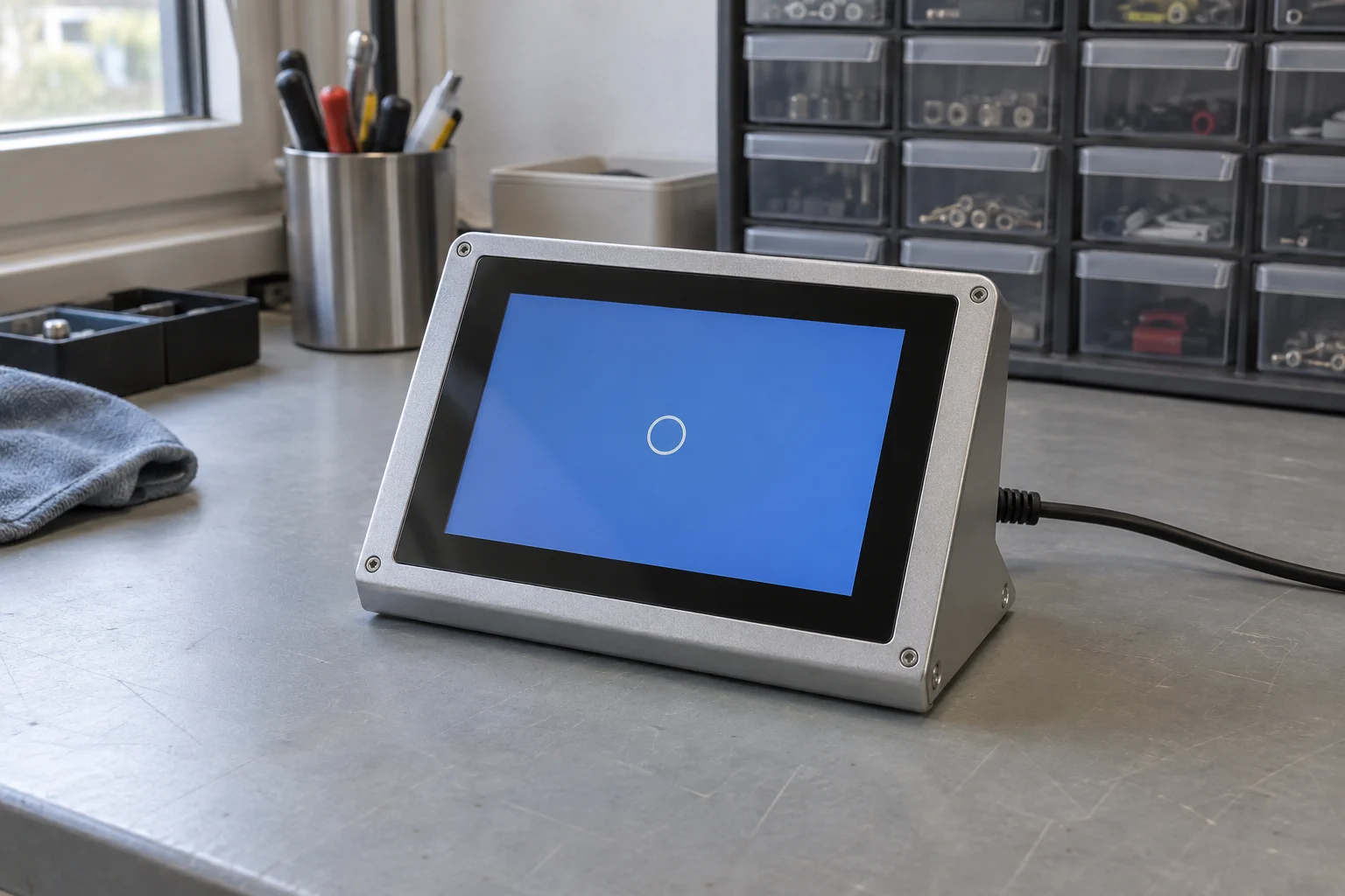 Compact industrial touchscreen on an electronics bench displaying simple blue startup artwork, with a power lead connected behind the enclosure.