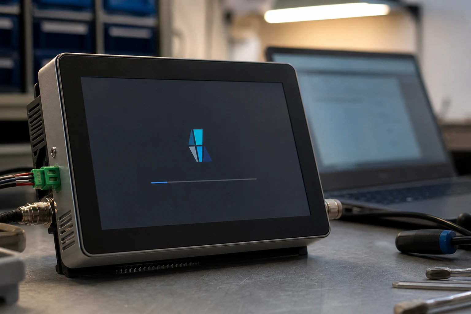 Industrial touchscreen controller on a workbench showing a restrained branded startup screen while its Linux application starts.