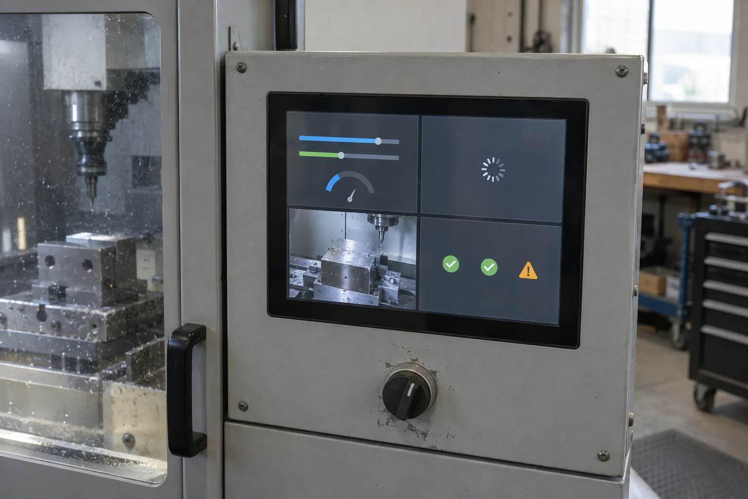 Machine operator console displaying four panes for basic controls, startup state, a fixture camera view and equipment health.