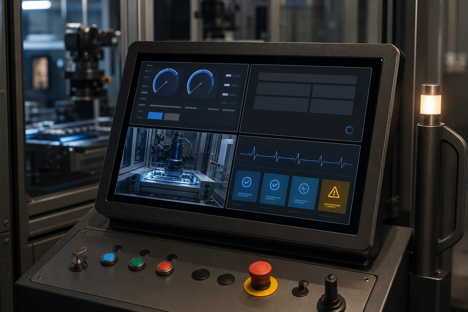 Industrial operator console with a four-pane display for real-time controls, Linux startup, camera input, and system health.