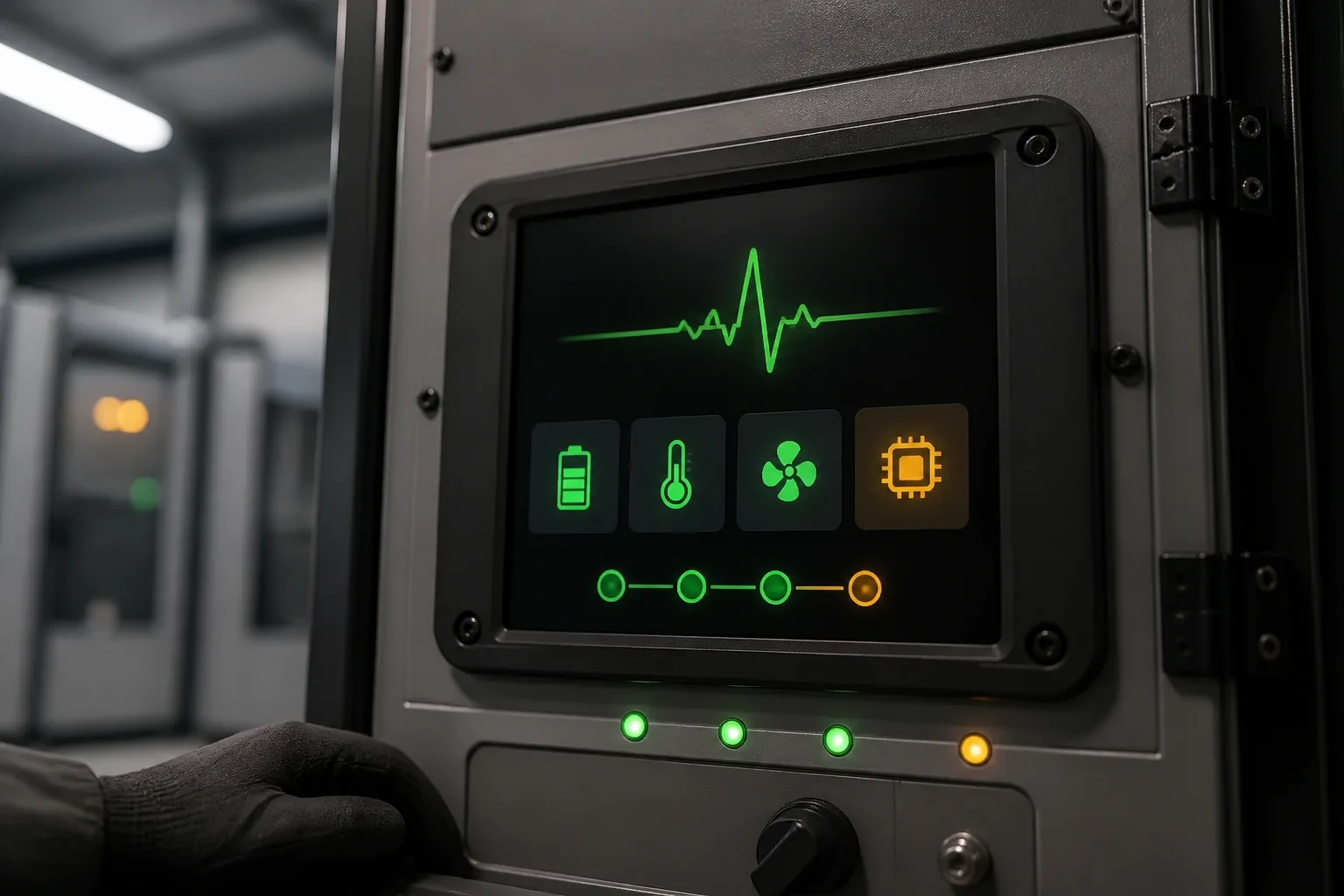 Service HMI in an industrial cabinet showing a heartbeat trace and equipment-health tiles with one amber attention state.
