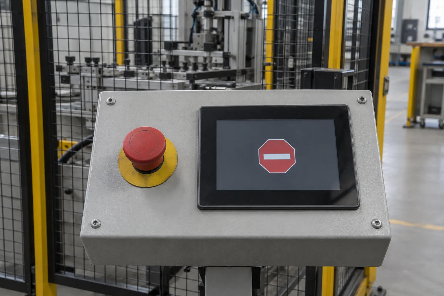 Red emergency-stop button beside a machine touchscreen showing a red stop symbol in a guarded workshop station.