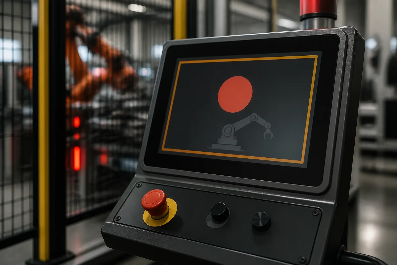 Depressed emergency-stop control beside a machine HMI showing an immediate urgent stop indication in a guarded production cell.