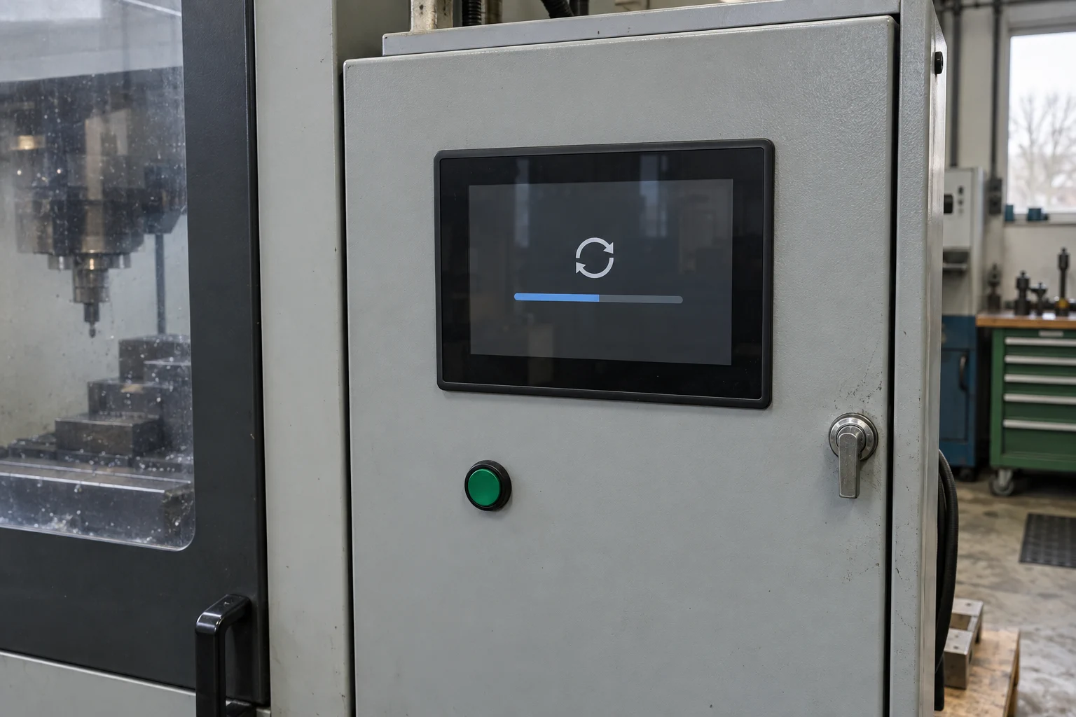 Touchscreen mounted in a milling machine cabinet showing a simple update symbol and progress bar in a working workshop.