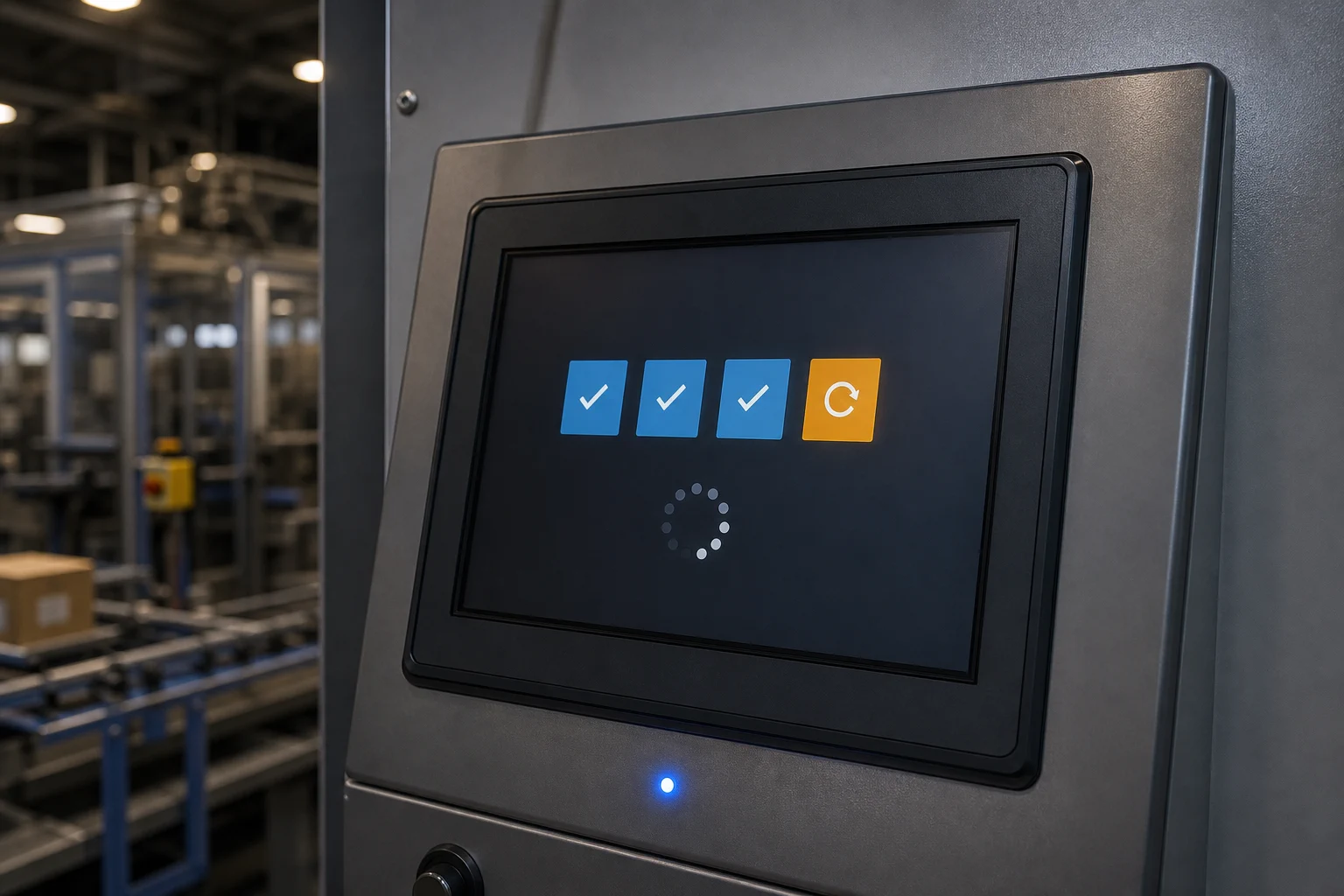 Panel-mounted industrial HMI showing a staged OTA update state on an automated production line.